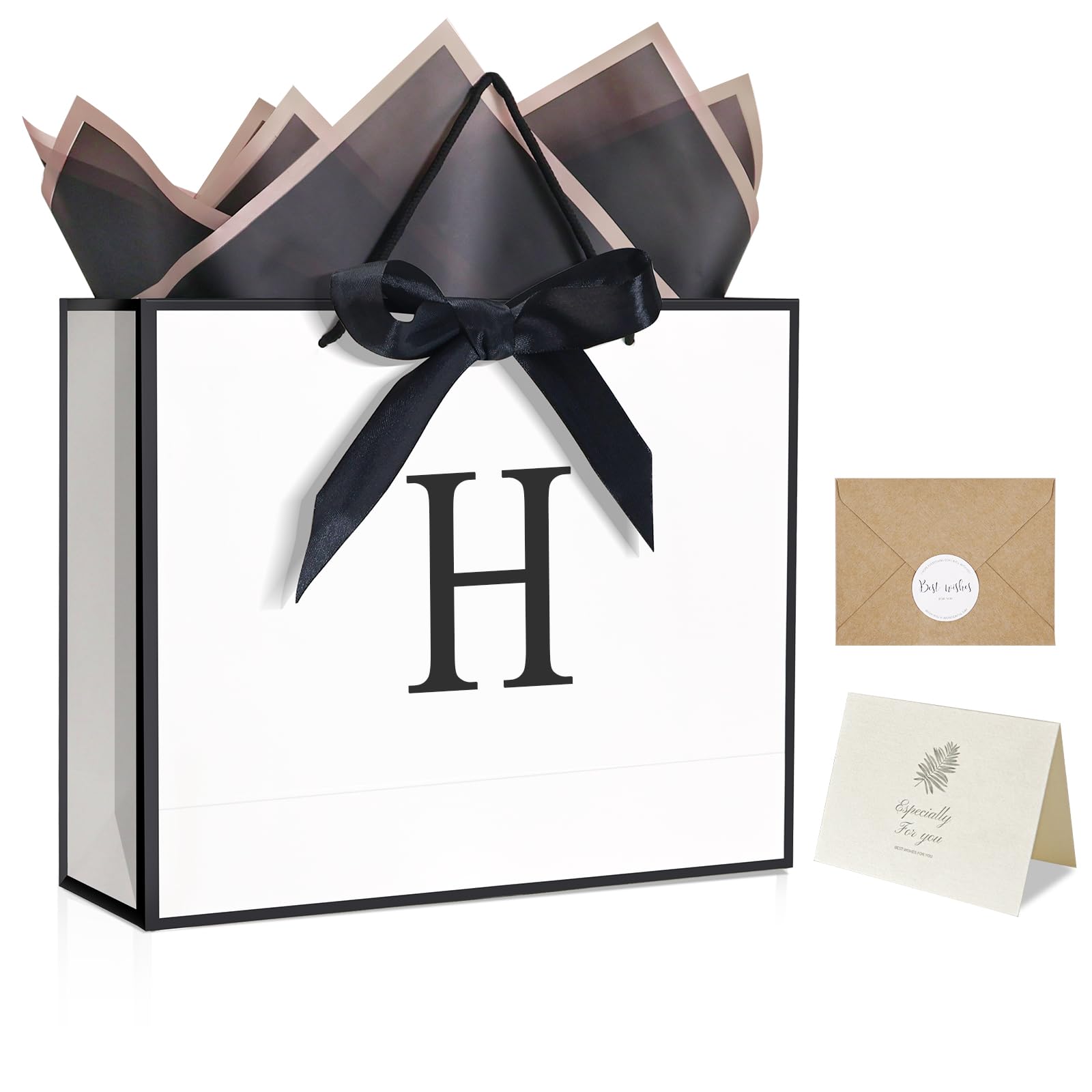 QLSKO Monogrammed Gift Wrap Bag Personalized Initial Paper Bag with Card Matching Envelope Sticker,Bow Ribbon and Wrapping Tissue Birthday Gifts for
