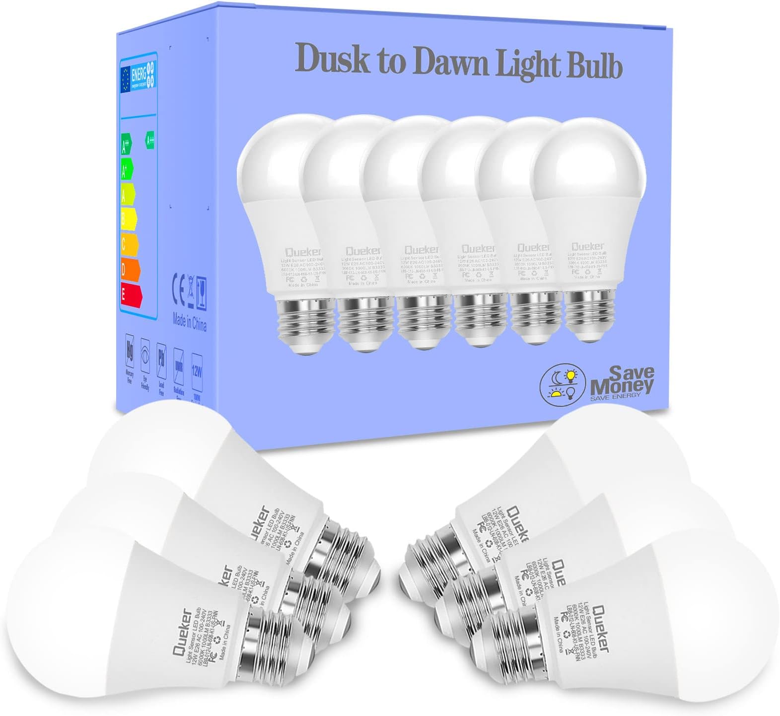 Queker6 Pack Dusk to Dawn Light Bulbs Outdoor 6000K Cool White Sensor Bulbs, 12W (100 Watt Equivalent) Auto On Off Photocell Sensor, E26 A19 1000LM LED Bulbs for Porch Garage Lighting