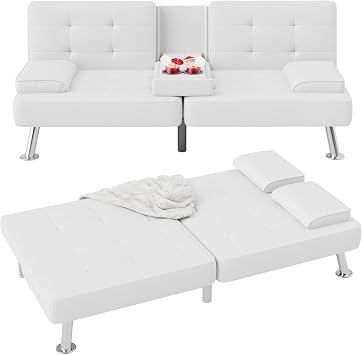 Flamaker Futon Sofa Bed Modern Folding Futon Set PU Leather Convertible Recliner Lounge for Living Room with 2 Cup Holders, Removable Armrests PU Leather, White