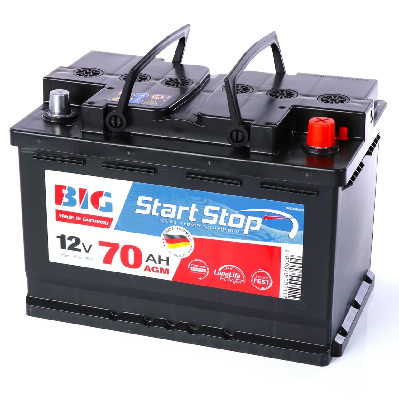 BIG Start-Stop AGM 12V 70Ah 800A/EN Autobatterie – Premium VRLA Starterbatterie für Start-Stopp-Systeme & Bremsenergie-Rückgewinnung, Wartungsfrei, Auslaufsicher, Erstausrüsterqualität