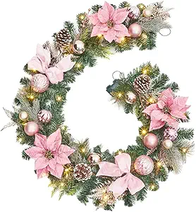 GarveeHome 6ft Pink Christmas Garland with 20 LED Lights, Prelit Xmas Garland for Mantle with Timer Poinsettia Flowers, 8 Lighting Modes, for Indooor Outdoor Fireplace Stairs Railing Decorations