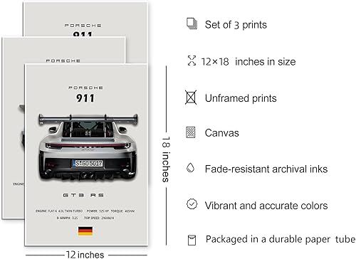 Miniatura 2 de VejiA Póster de automóvil en lienzo para pared, póster 911 GT Turbo para hombres, decoración estética de dormitorio (12 x 18, sin marco 2)