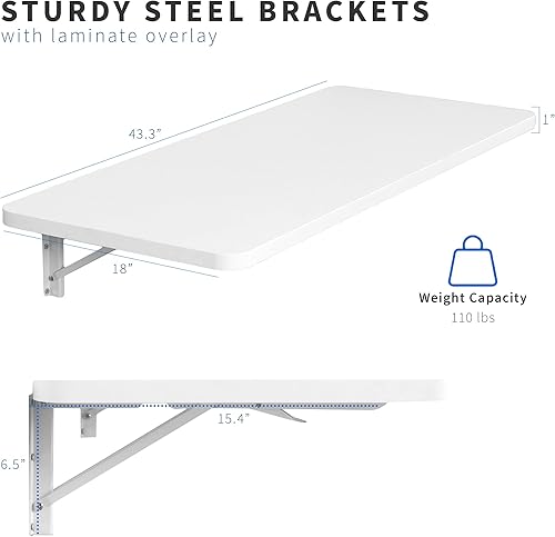 Miniatura 2 de VIVO Banco de trabajo plegable montado en la pared de 43 pulgadas, estante plegable para estación de trabajo con soportes de acero ajustables,