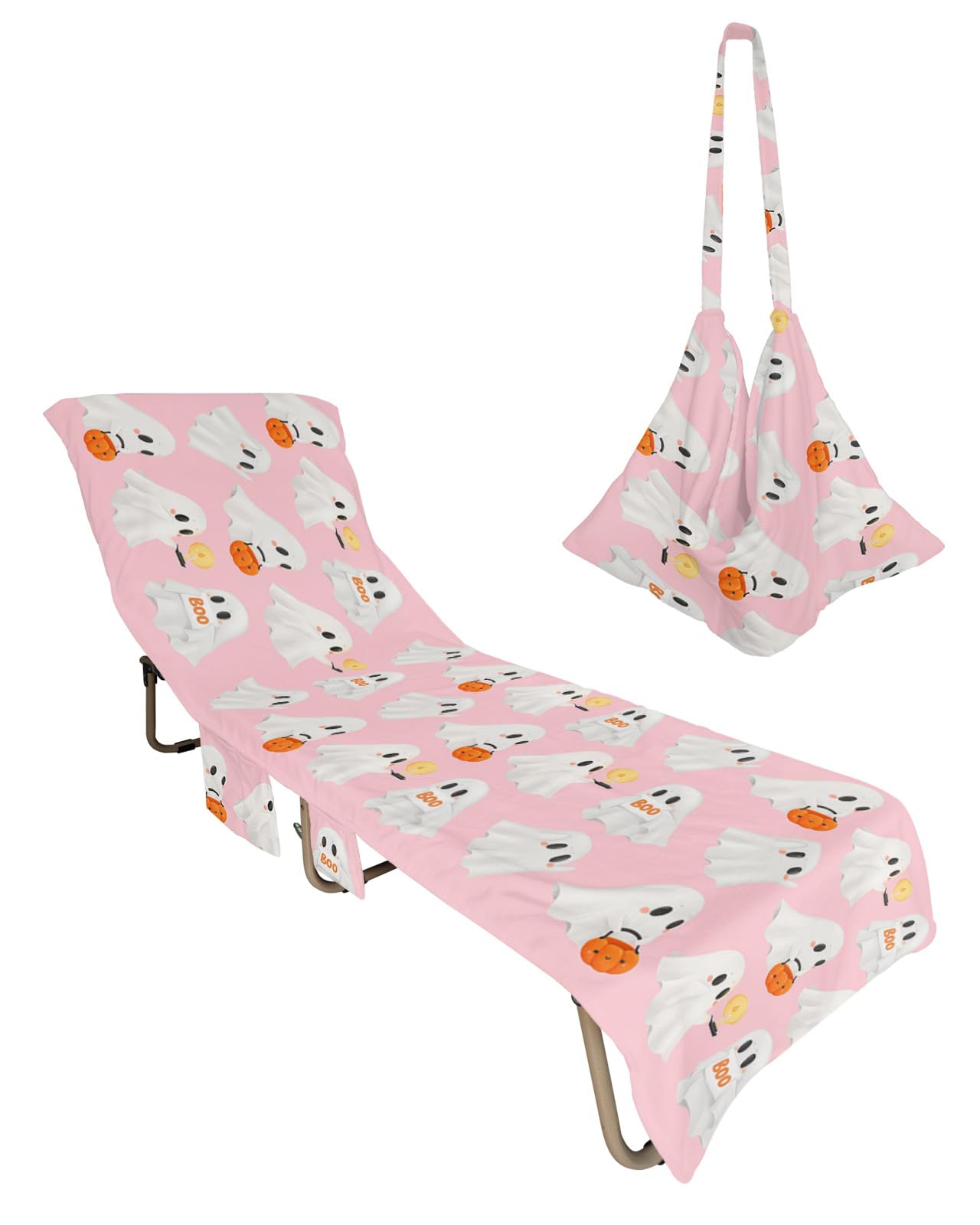 Pink Halloween Ghost Beach Lounge Chair Towel Cover, Soft Chaise Lounge Towel with Side Pockets Patio Pool Chairs Cover for Beach/Pool Sunbathing 29x85 Pink Ghost Orange Pumpkins