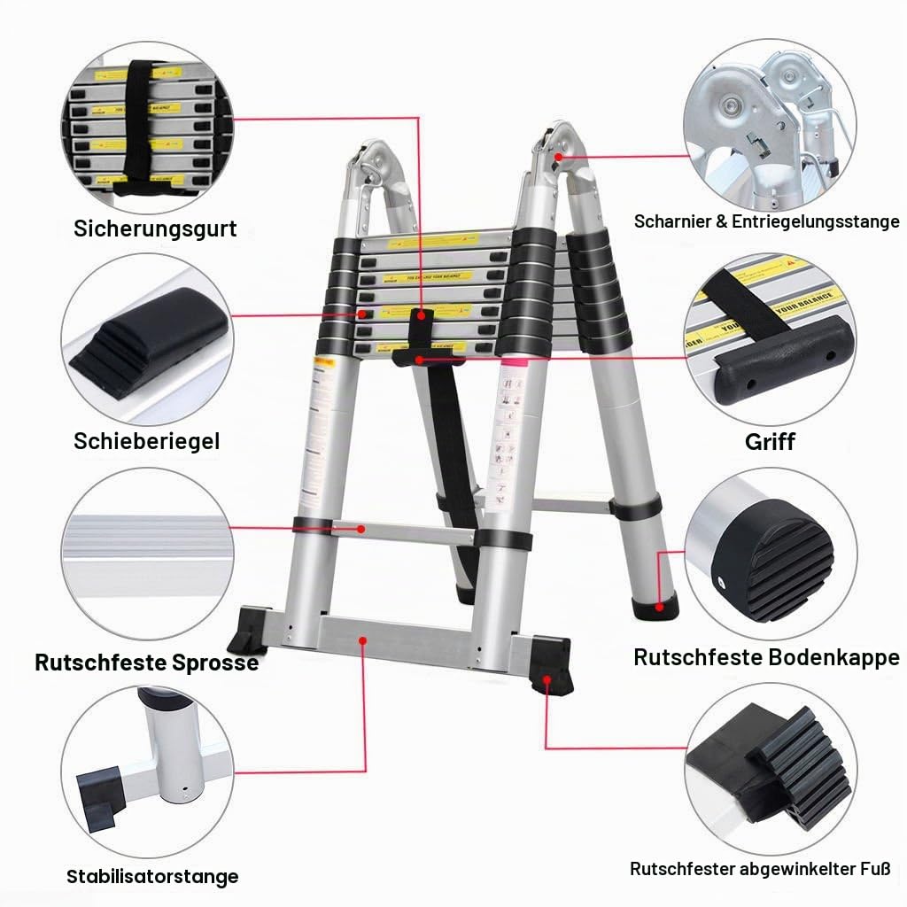 Teleskopleiter 5m mit Stabilisatorstange Aluleiter Klappleiter EN131-zertifizierte Klapp - und Anlegeleiter 16 Sprossen - 93cm bis 5m Anlegeleiter, 150 kg Belastbarkeit (2.5+2.5M)