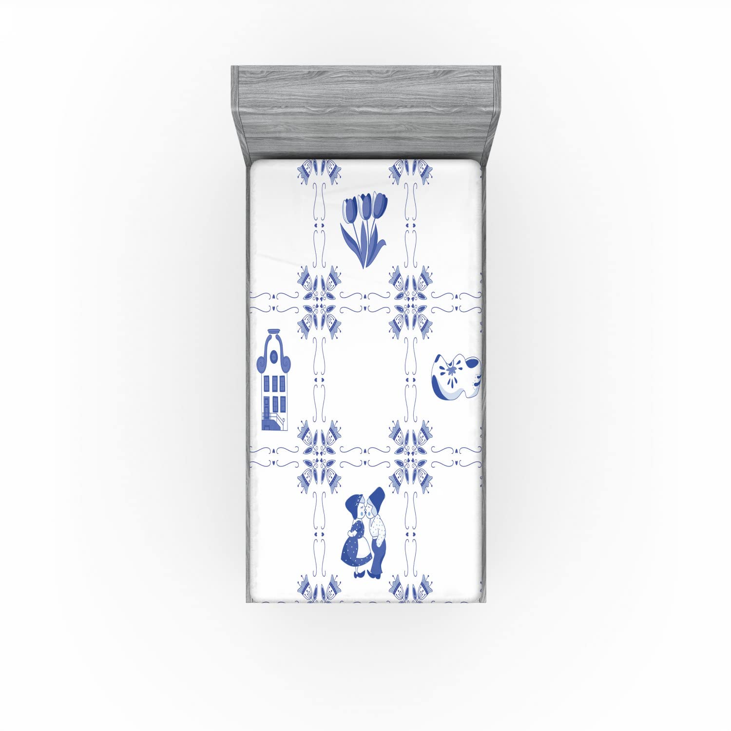 Ambesonne Vintage Blue 2 Pack Fitted Sheet, Dutch Culture, Bed Cover All-Round Elastic Deep Pockets 2 Pieces, Package Contains 2 Twin Size Fitted Sheets, Blue White