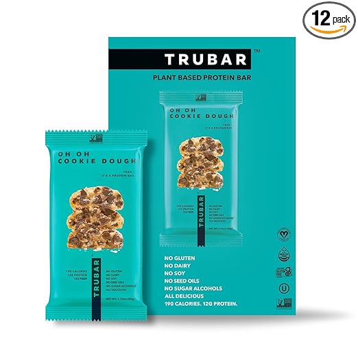 TRUBAR Vegan Protein Bar, Oh Oh Cookie Dough, Gluten Free, Plant Based, High Fiber, Dairy Free, Low Fat, No Sugar Alcohols, 12G Lean Protein, 13G Fiber, Healthy Snack Bars, 12 CT