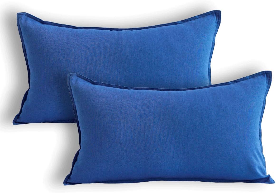 Jeanerlor Naturai Cool Cotton Linen 12"x20" Decorative Blue Throw Pillow Case Cushion Cover Set with Twin Needles Stitch on Edge for Lumbar, (30 x 50cm), 2 Pcs, Denim Blue