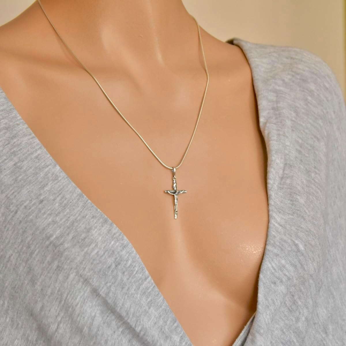 Cross Pendant Jesus Christ Crucifix Sterling Silver 925 Wood Textured Religious Unisex Jewelry - Image 7