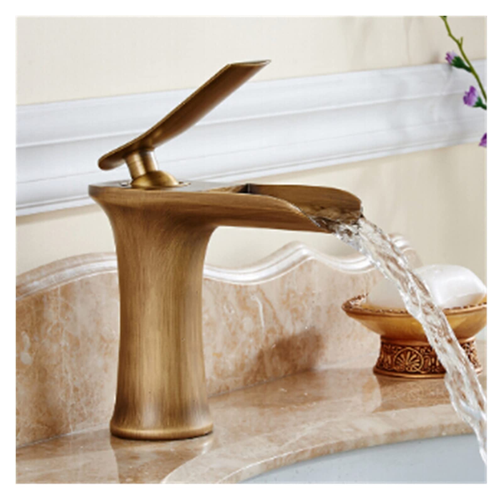 Mooilko Antique Basin Faucets Waterfall Faucet Bathroom Faucet Single Handle Basin Mixer Tap Bath Faucet Brass Sink Water Crane Easy To Install(Antique)