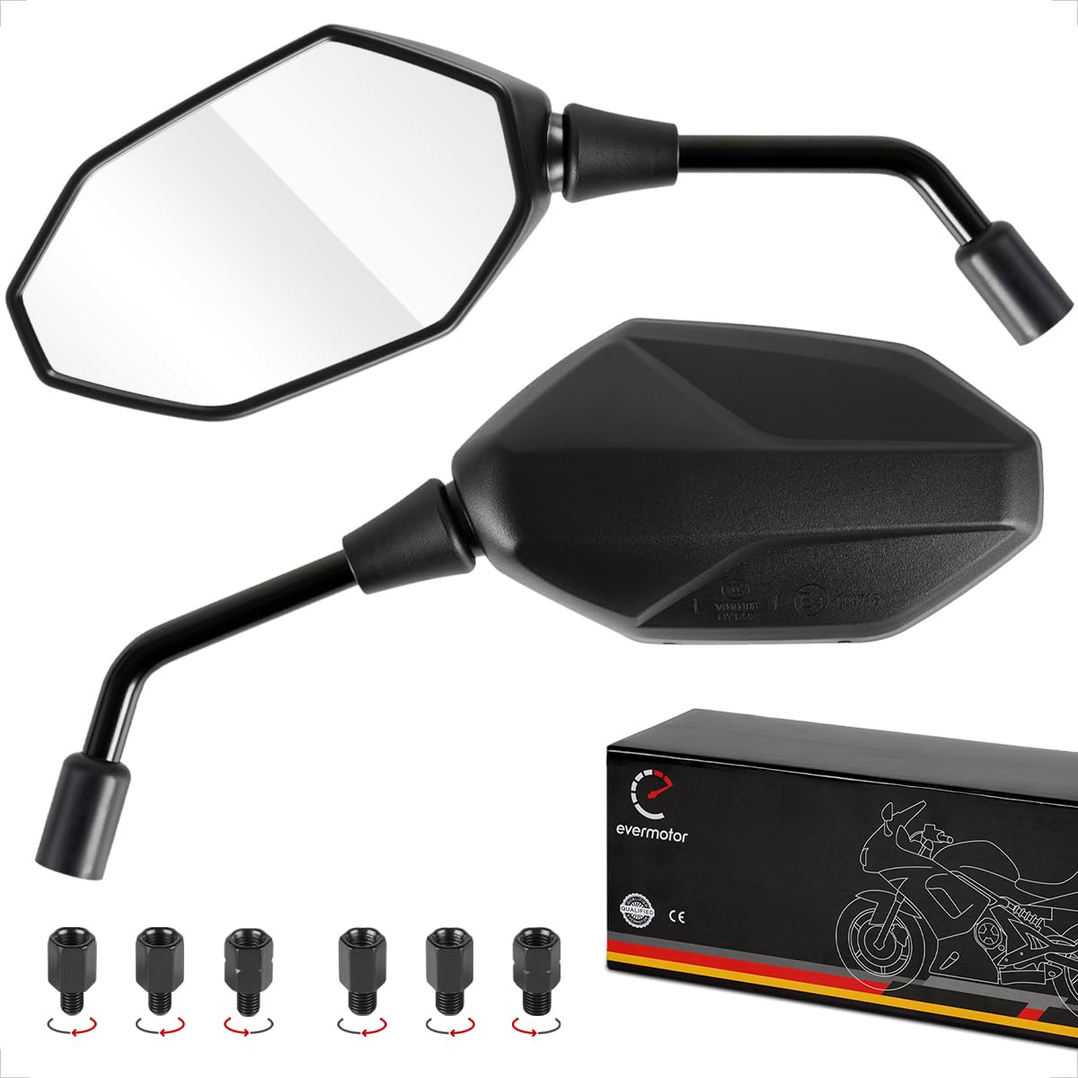 Evermotor Rétroviseur de moto universel approuvé E, M8 M10 Ensemble de rétroviseurs de moto rotatifs à 360 °, rétroviseur de moto compatible avec les scooters, scooters, VTT, cyclomoteurs (2 pièces) | Lot de 2 rétroviseurs de moto E4 - 150 x 86 mm - Rotat