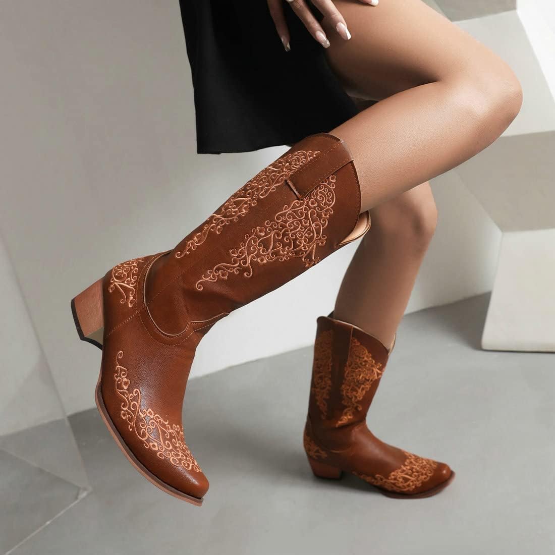 KiutSymo Women Vintage Embroidered Mid Calf Cowgirl Boots Retro Snip Toe Chunky Heel Western Cowboy Boots
