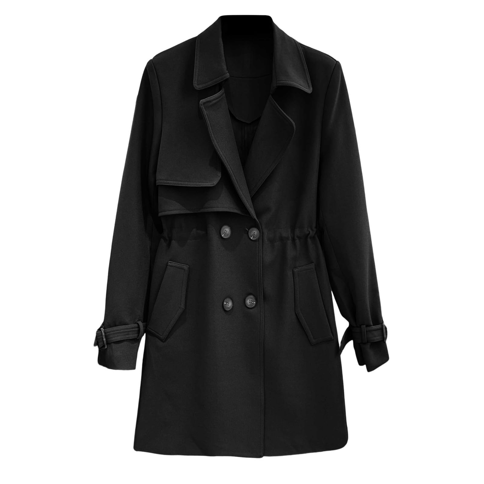 Trench confortable à revers cintré manteau léger à double boutonnage mi-long manteau mince mi-long veste softshell femme coupe droite, Noir , M