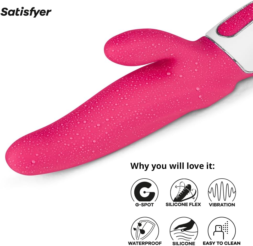 Key features of Satisfyer Mr. Rabbit Vibrator including G-spot, silicone flex, vibration, waterproof, silicone material, and easy cleaning.