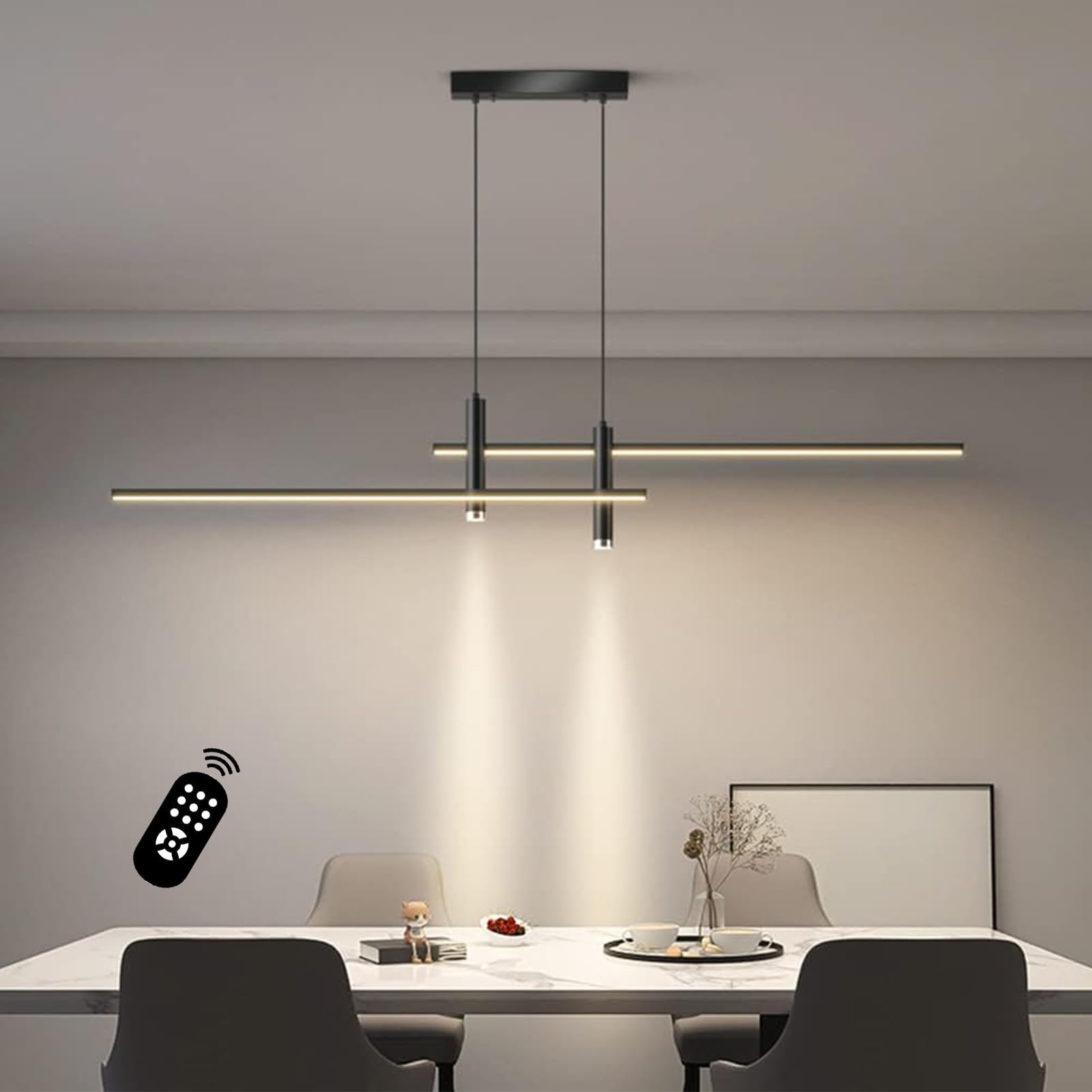 Moderne LED Pendelleuchte für Esstisch & Esszimmer - Dimmbar, Höhenverstellbar mit Fernbedienung - Hängeleuchte Küche, Büro, Wohnzimmer - Kronleuchter mit Linearem Design (Schwarz, 150cm)