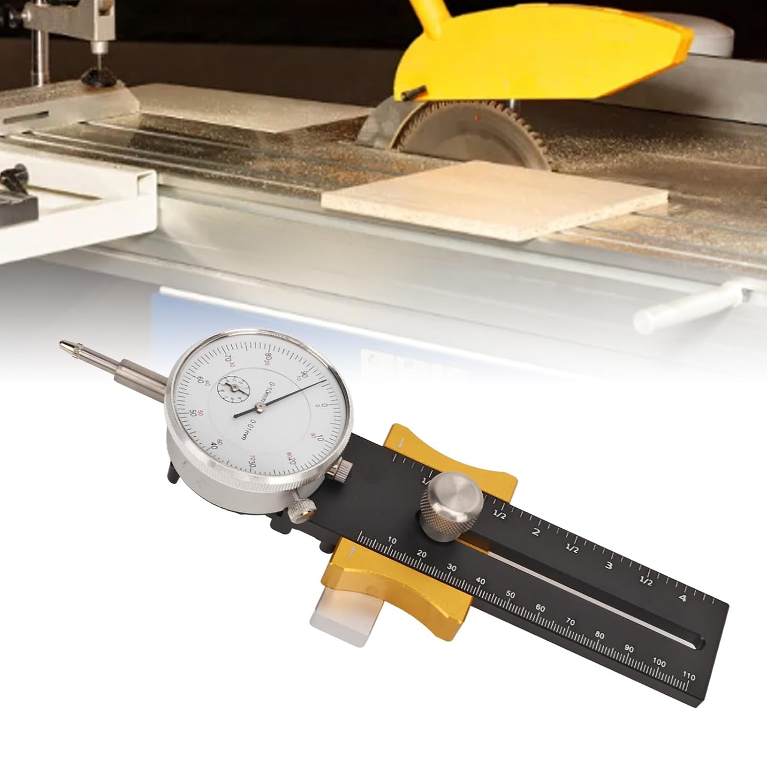 Table Saw Adjustable Woodworking Calibration Tool for Band Saw & Table Saw with Stainless Steel Probe Shockproof Dial and Sliding for Measurements