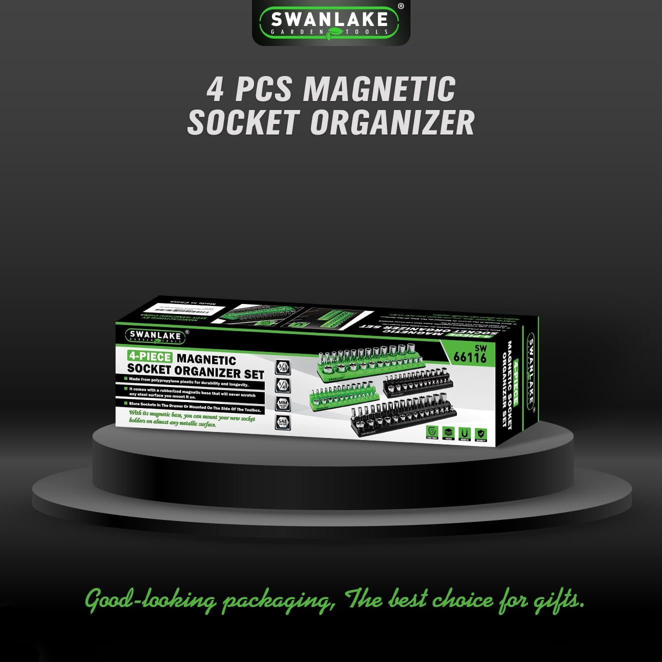 Set of 4 SWANLAKE GARDEN TOOLS 4-Piece Magnetic Socket Organizer Set, Metric & SAE Socket Holder Set Includes 1/4, 3/8 Drive Sockets Organizer, Magnetic Tool Trays for Tool Box Drawer (Sockets not included)