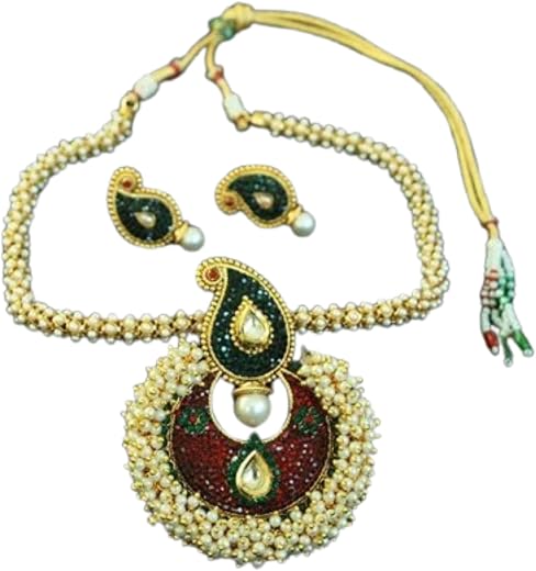 Reeti Fashions Elegant maroon & green necklace set studded with pearls