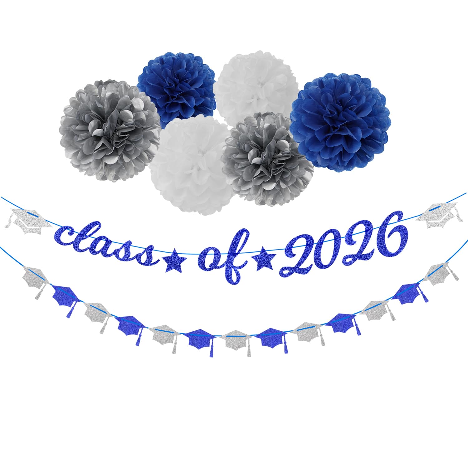 Pancarta de graduación para decoración de fiesta azul marino, blanco y plateado, 8 kits de guirnalda de gorra clase de 2025, pompones de papel de seda, decoración de felicitaciones Lasting Surprise