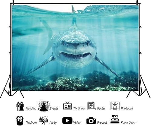 Miniatura 2 de Haoyiyi Fondo de tiburón submarino de 7 x 5 pies, fondo marino profundo bajo el mar, gran tiburón blanco, acuario, fotografía de fondo para bebé