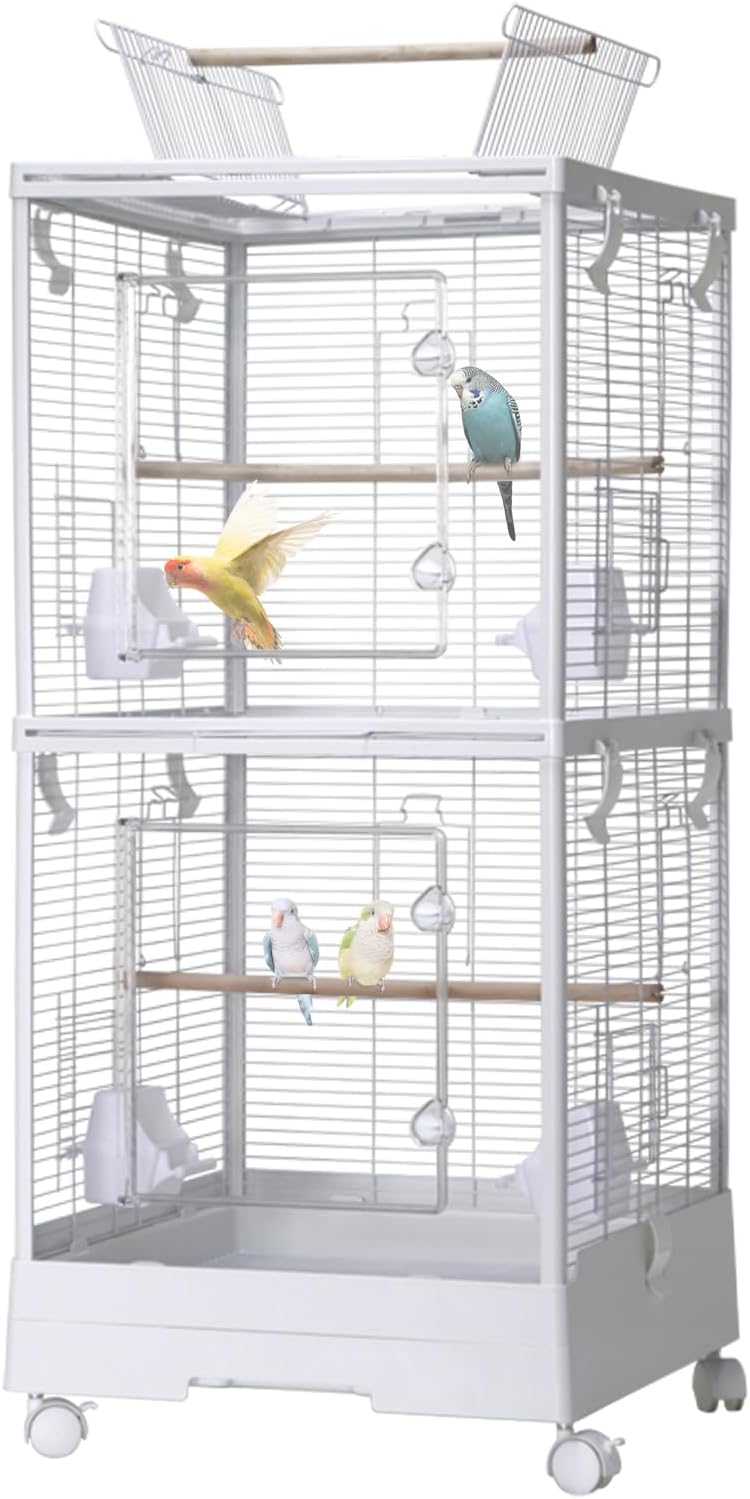 Double-Layer Removable Bird Cage with Play Roof, Rolling Wheels, Perches, Drip Cup, Removable Tray, Spacious 44 Inch Aviary for Budgerigars, Parakeets, Canaries, Small Parrots