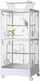 Groß Vogelvoliere 100x46x46cm, 2 Etagen Abnehmbar Vogelkäfig, Rollen Vogelkäfig Metall Vogelvoliere mit Abnehmbarem Tablett, Futtertrögen, Leicht zu Reinigendem Außenvoliere Zuchtkäfig, Weiß