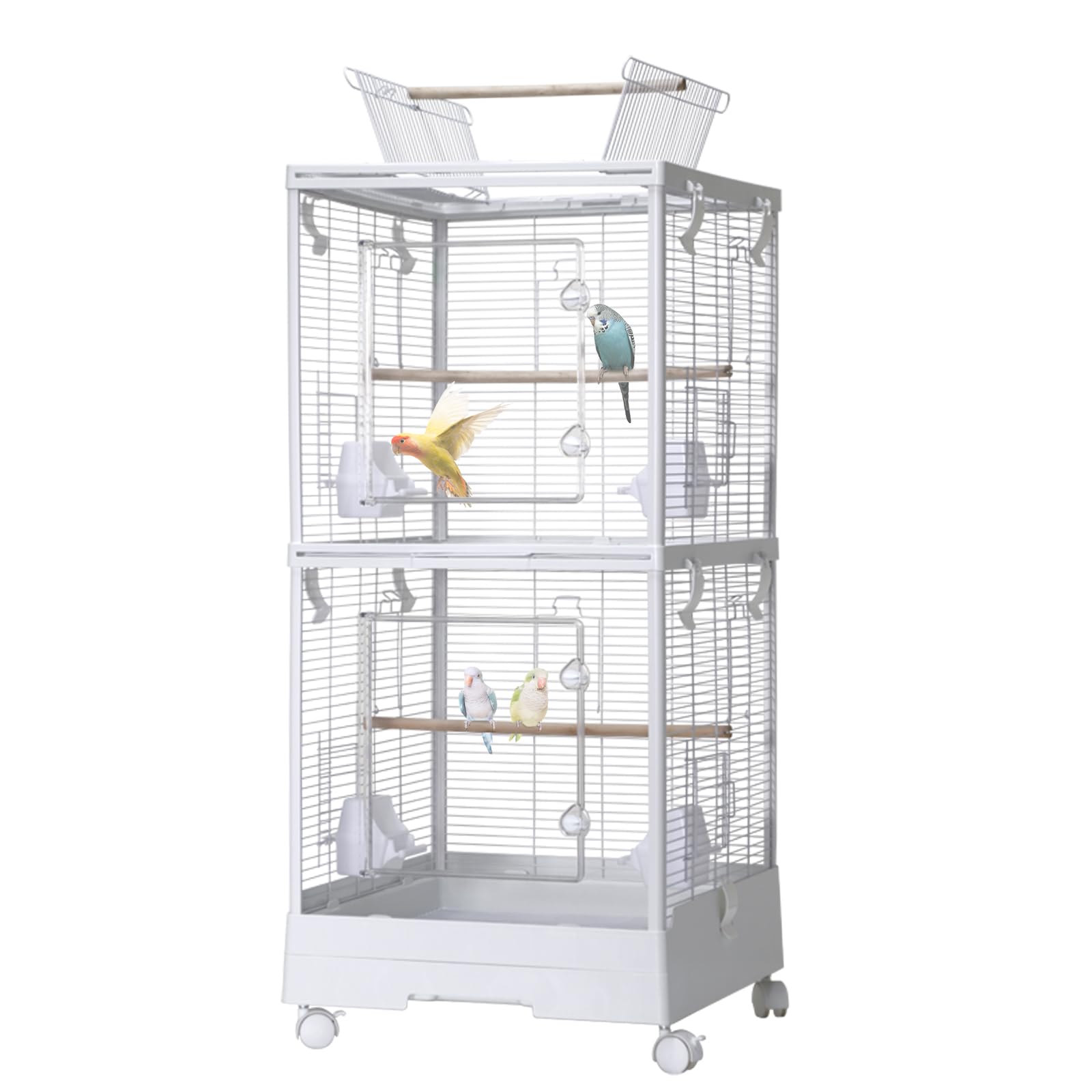 Groß Vogelvoliere 100x46x46cm, 2 Etagen Abnehmbar Vogelkäfig, Rollen Vogelkäfig Metall Vogelvoliere mit Abnehmbarem Tablett, Futtertrögen, Leicht zu Reinigendem Außenvoliere Zuchtkäfig, Weiß