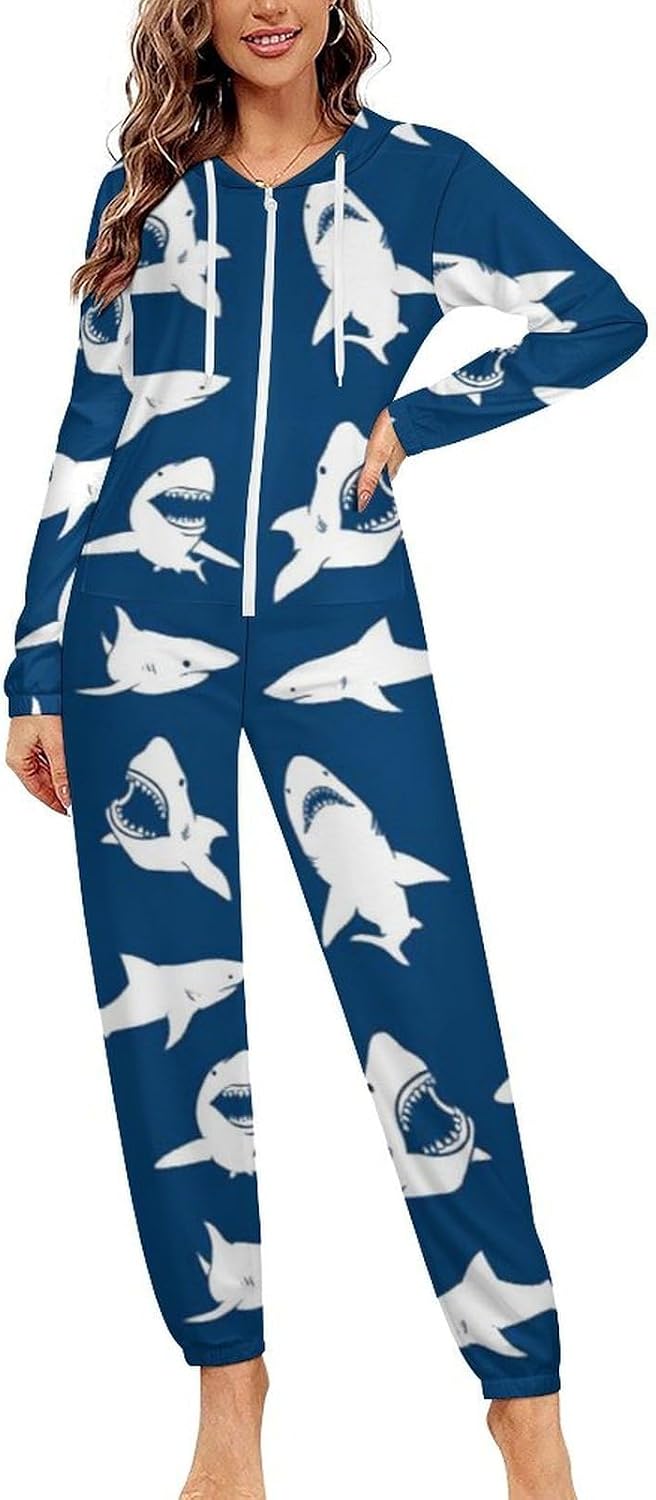 Great White Shark Adult Pajamas Onesie with Hood Pocket Jumpsuits One Piece Sleepwear