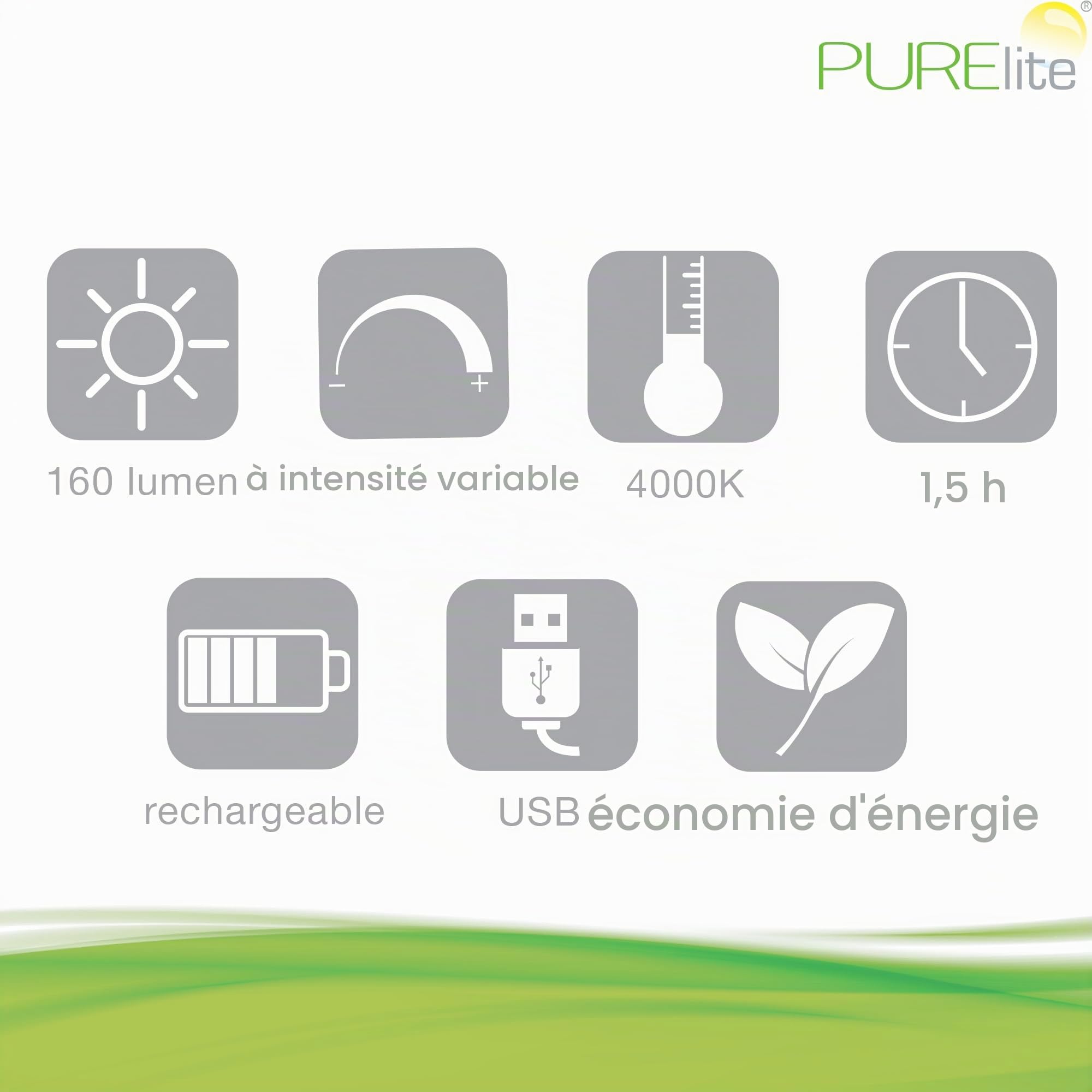 PURElite Lampe loupe à pince - Lampe de table et lampe de bureau rechargeable, lumière LED flexible, col réglable et pince inclus, ampoules à lumière naturelle pour la lecture, la couture, l'artisanat