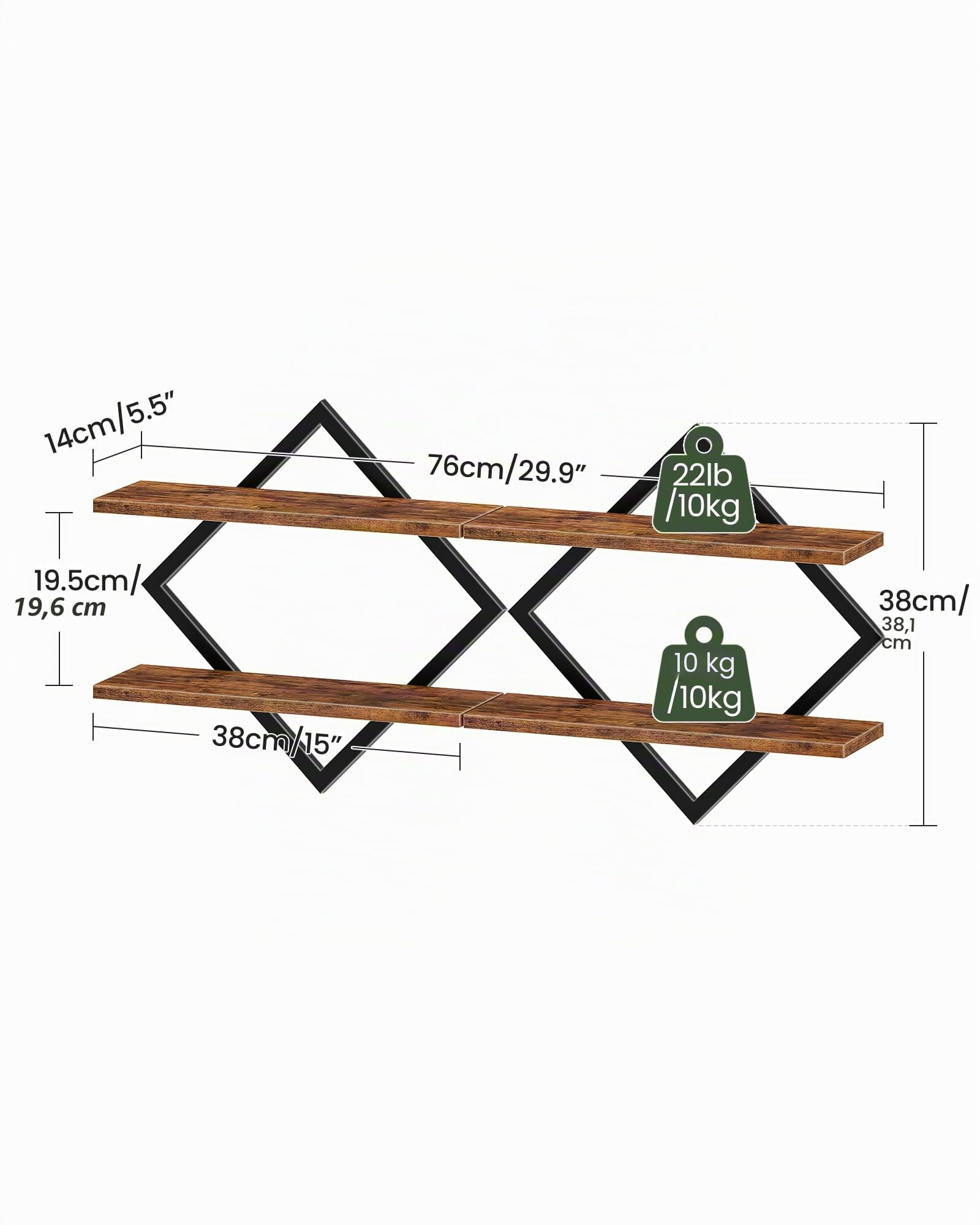 CHOEZON Étagère flottantes, Lot de 2, Étagères murales à 2 Niveaux, Rangements Suspendus avec Cadre métallique losangé, pour Salon, Chambre, Cuisine, Bureau, Marron Rustique et Noir DTBJ01P2BF