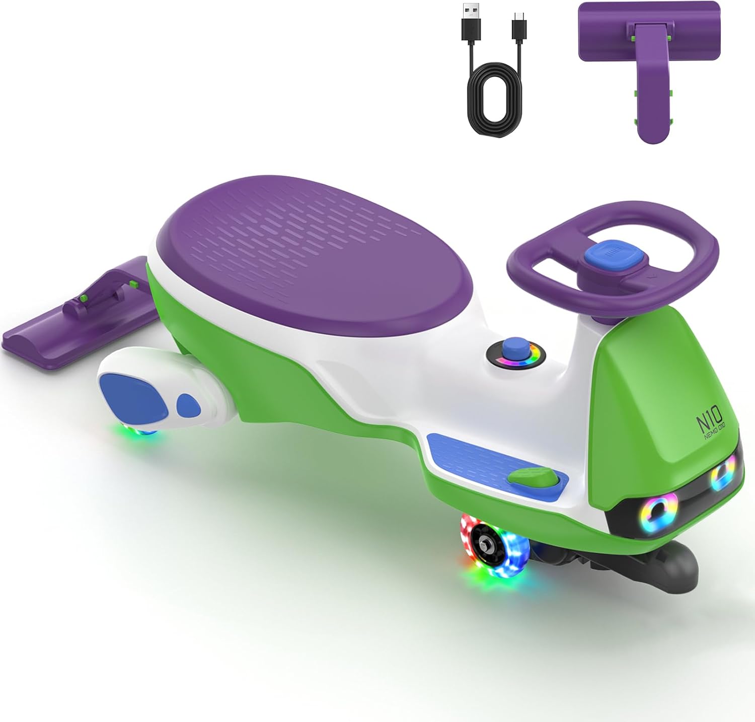 FanttikRide N10 Pro Electric Wiggle Car, USB-C Fast Charging, One-Click Detachable Mop, RGB Eye Lights, Flashing Wheels, Bluetooth, Anti-Rollover, GlideWiz, Ride on Toys for Ages 3+, 150 Lbs, Green