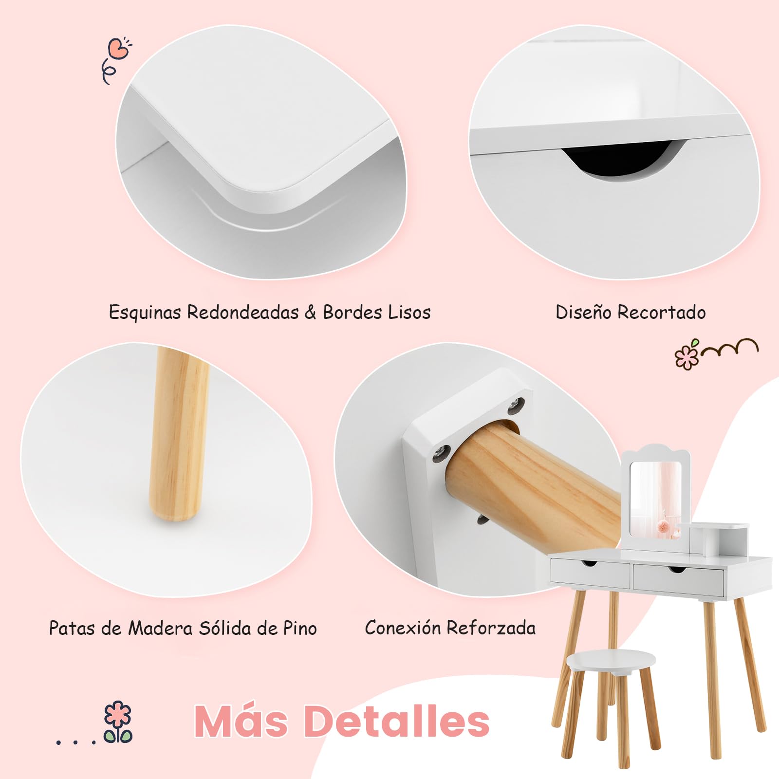 COSTWAY Juego de Tocador Infantil Niña, 2 en 1 Mesa de Tocador y Taburete de Madera para Niños con 1 Espejo Rectangular y 2 Cajones Grandes, Tocador de Maquillaje para Niña de 3 a 7 Años,White