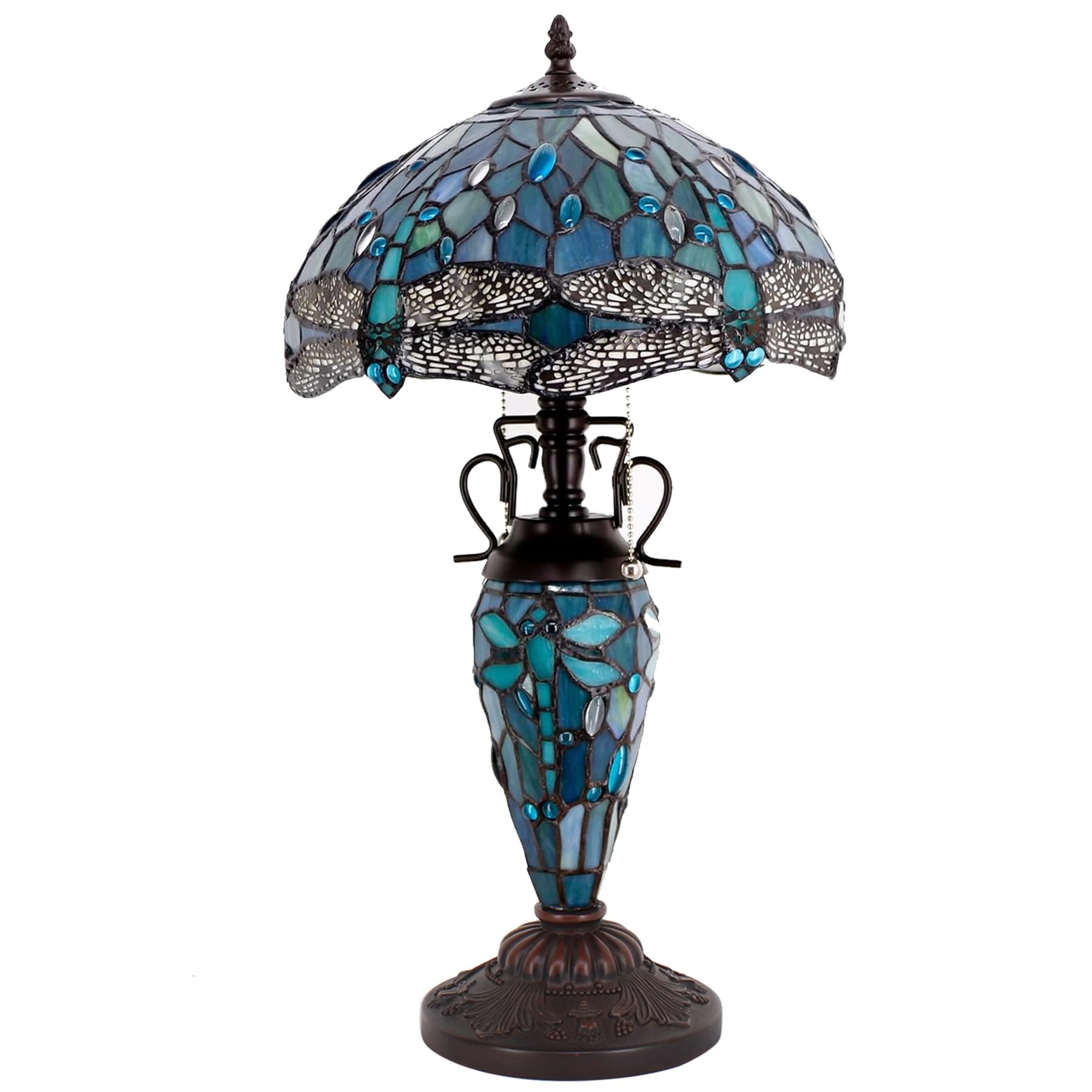 WERFACTORY Tiffany Table Lamp Sea Blue Stained Glass Dragonfly Style 12X12X22 Inches Mother-Daughter Vase Desk Reading Light Decor — view 3