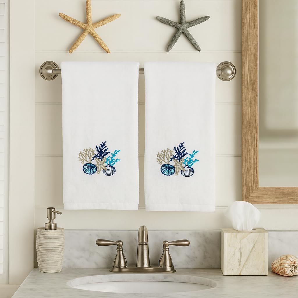 Serafina Home Summer Soft Absorbent Coastal Guest Hand Towels: Summer Shells and Coral Sea Life Design, 2 Piece Antigua - Image 2