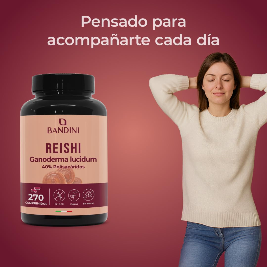 Bandini® Reishi hongo 270 comprimidos | Equivalentes de 16.900 mg (13:1) | 40% de polisacáridos | Extracto de Ganoderma Lucidum | Para +4 meses | Complemento alimenticio puro 100% Vegano y Natural