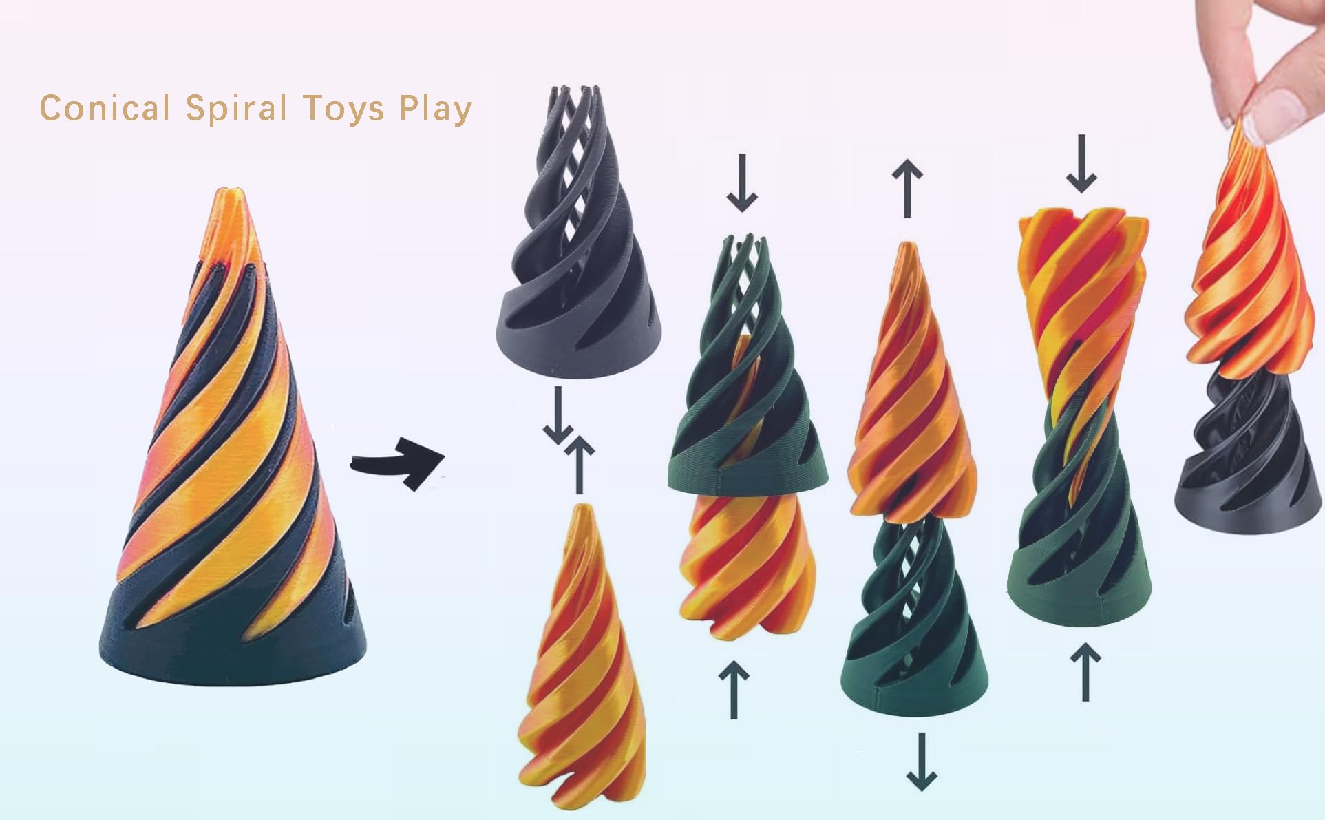 Chennyfun – Set De 3 Jouets Anti-stress En Spirale – Cône, Pyramide, Cylindre – Impression 3D – Décor De Bureau – Cadeau