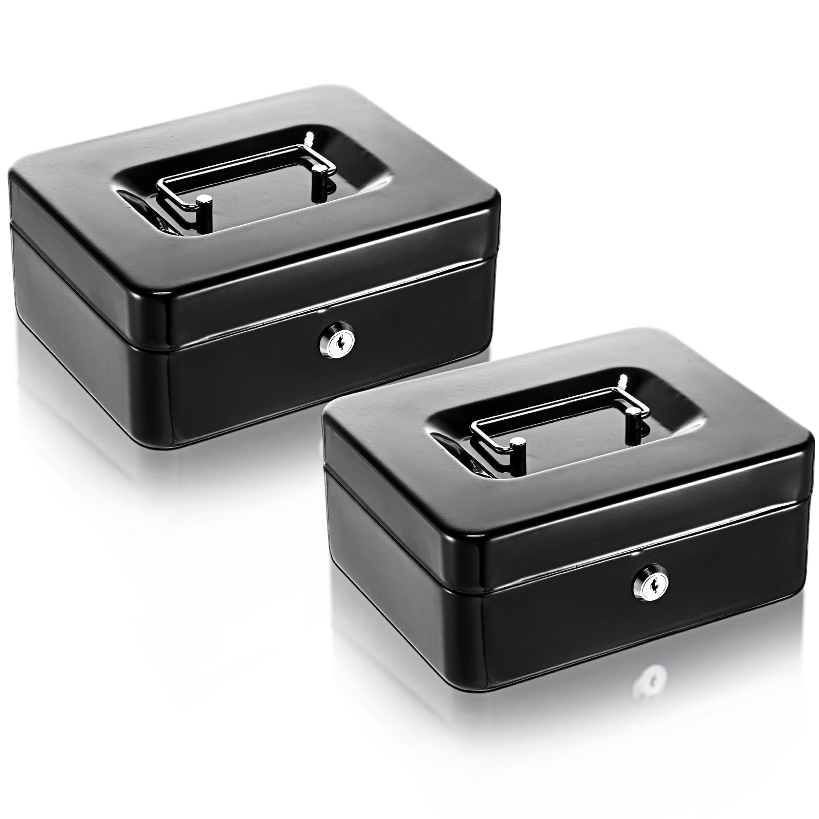 Blulu Lot de 2 caisses à monnaie verrouillables avec plateau à billets et serrure à clé en métal pour économiser de l'argent - Coffre-fort à cocher - 20 x 16 x 9 cm - Noir