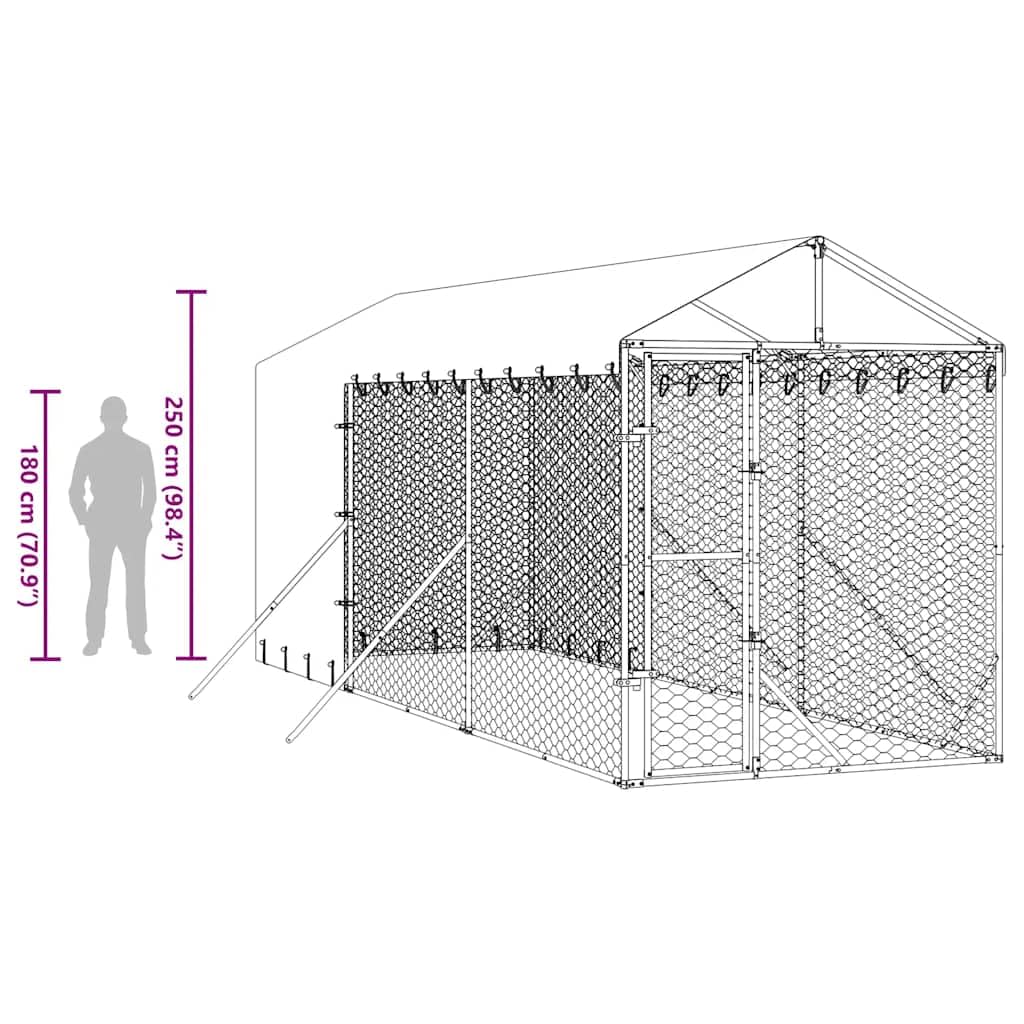 Perrera para perros al aire libre con techo plateado de acero galvanizado 2 x 6 x 2,5 m con puerta con cierre para perros, cachorros, animales pequeños, jardín, terraza, protección y seguridad
