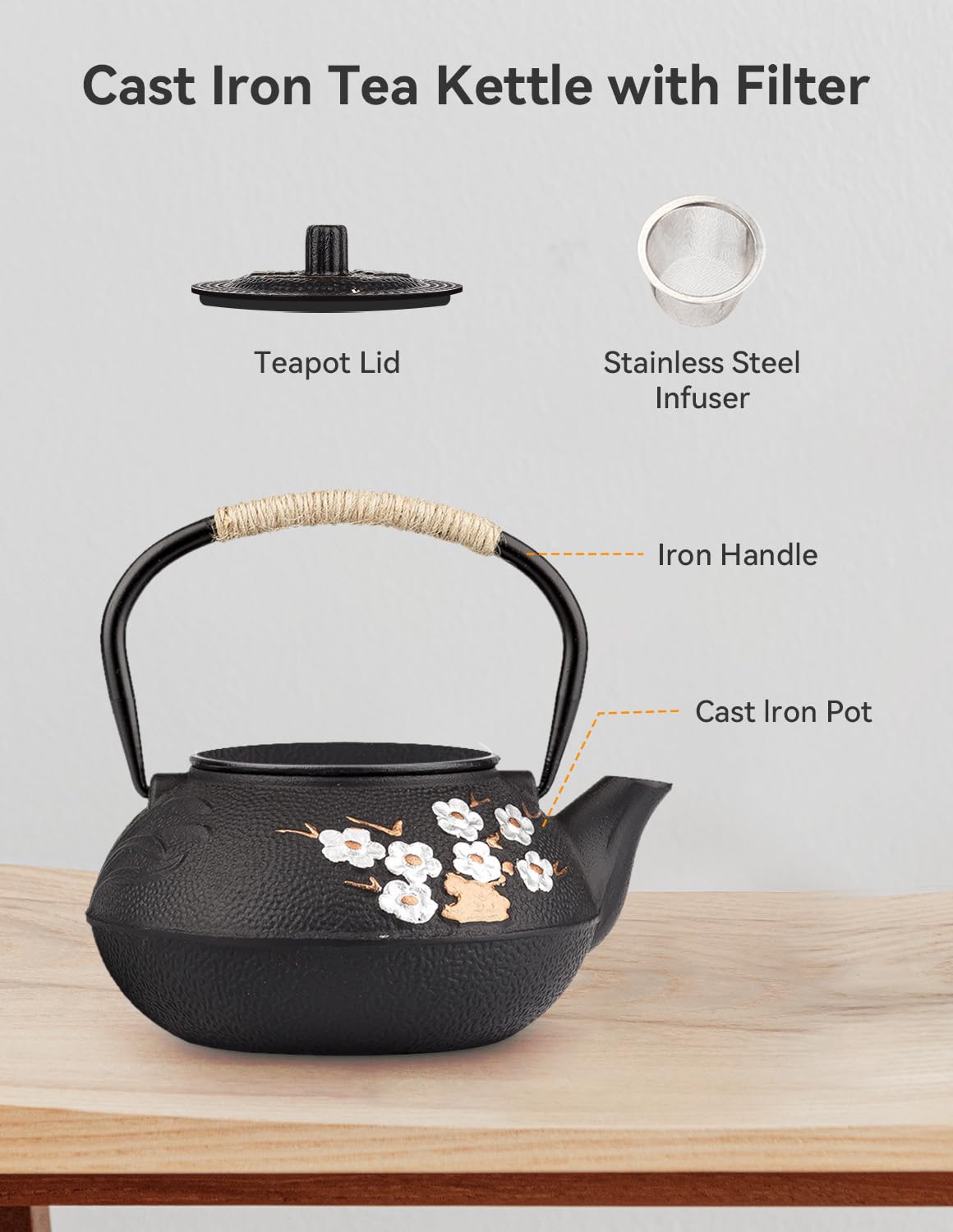 Tetera japonesa de hierro fundido con infusor, tetera de hierro fundido con flor de ciruelo para estufa, revestimiento seguro con interior esmaltado, 27 onzas/800 ml