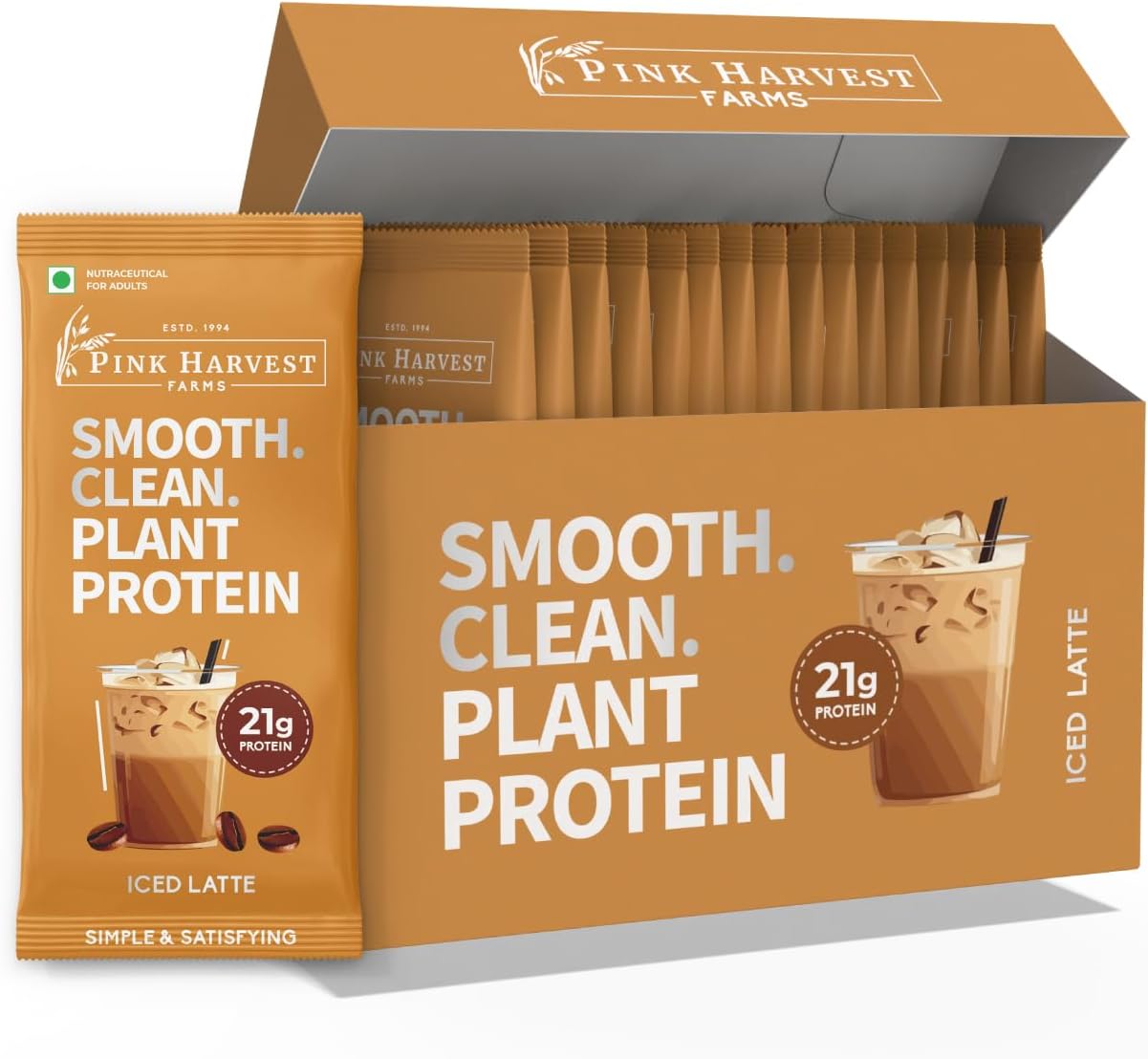 Pink Harvest Farms Smooth Clean Plant Protein, 21g Protein, Iced Latte Single Serve Sachets Box of 16