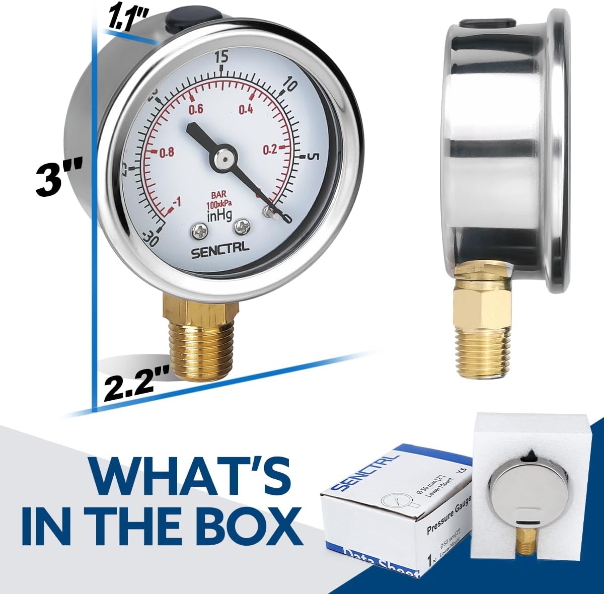 SENCTRL 30inHg Vacuum Pressure Gauge, 2" Dial, 1/4 NPT Lower Mount, Waterproof, Stainless Steel Case, for Tube Tester, HVAC, Pneumatic Air Compressor, Hand Pump, Valve Test