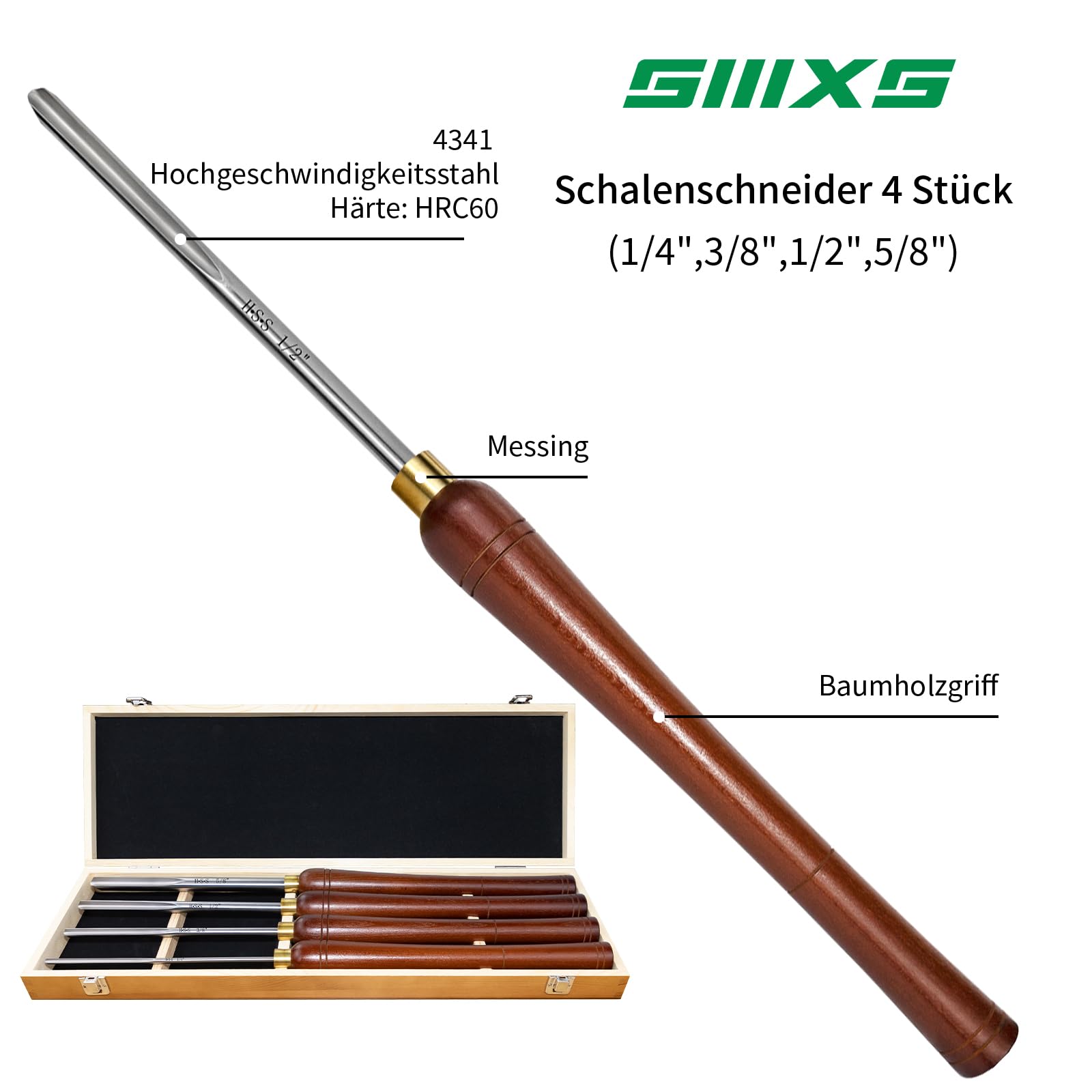 4 Stück Drechseleisen Set, HSS Drechselmesser im Holzkoffer, Drechselwerkzeug für Holz, 6mm,10mm,13mm und 16mm Meißel für Holzdrehen