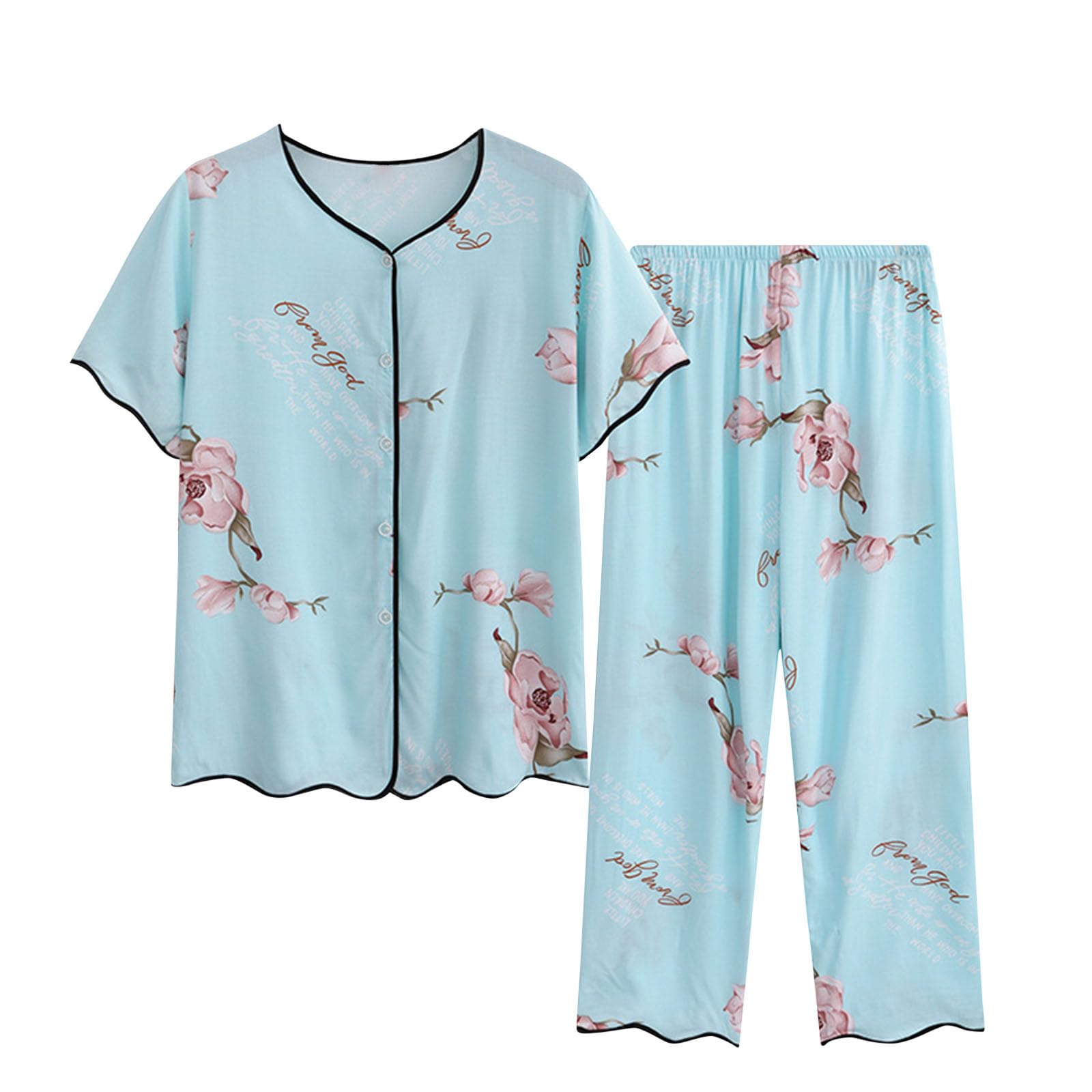 NSICBMNO Ensemble de pyjama pour femme - Grande taille - Chemise boutonnée - Haut floral - Taille élastique - Pantalon capri - Ensemble de détente d'été - Ensembles de vêtements d'intérieur