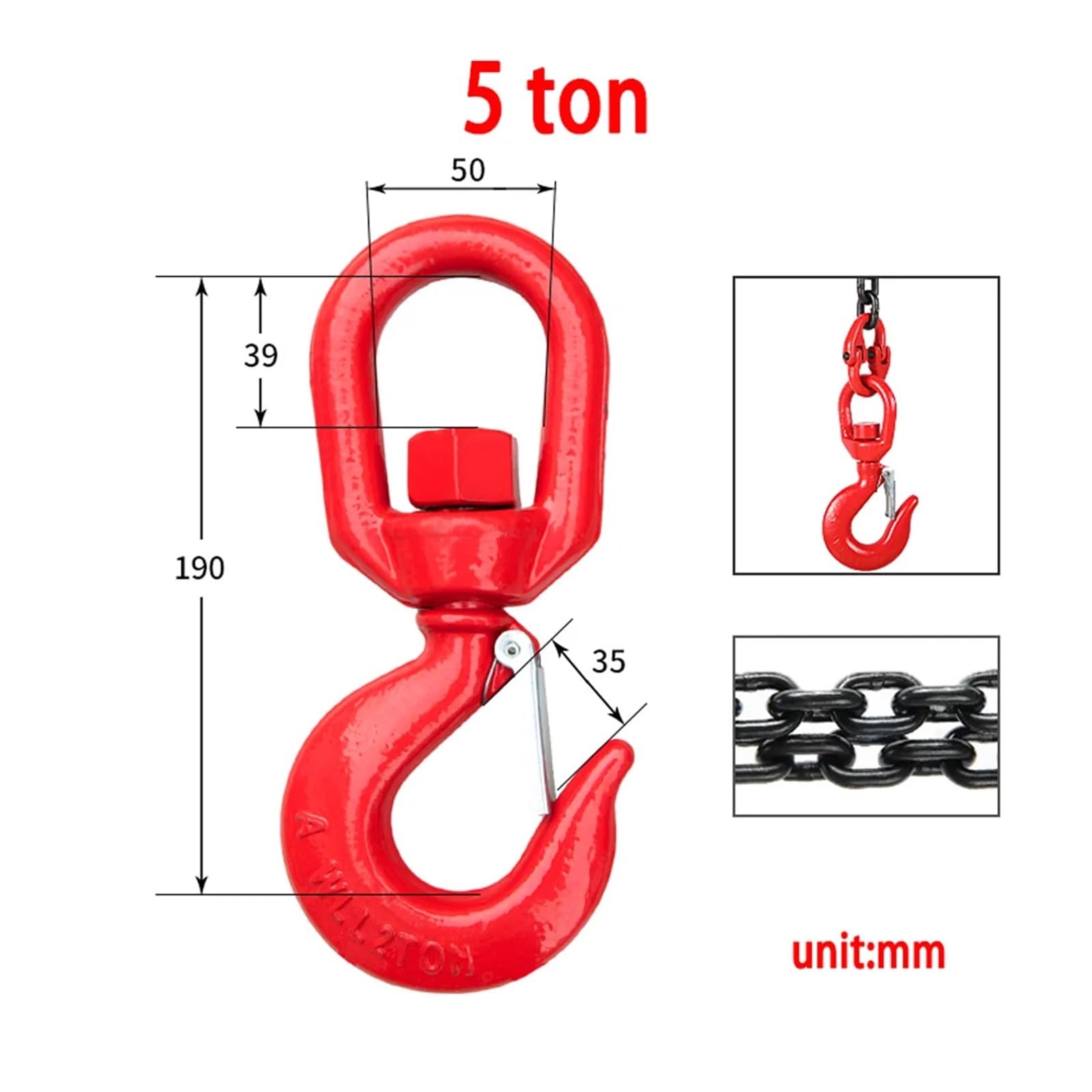 Osenlasthaken Drehhaken 1/2/3/5 Tonnen, Kettenhaken aus legiertem Stahl, Sicherheitshaken mit Zunge, 360° drehbarer Sicherheitsverriegelungshaken for Anschlagmittel, Kranhaken(1T)