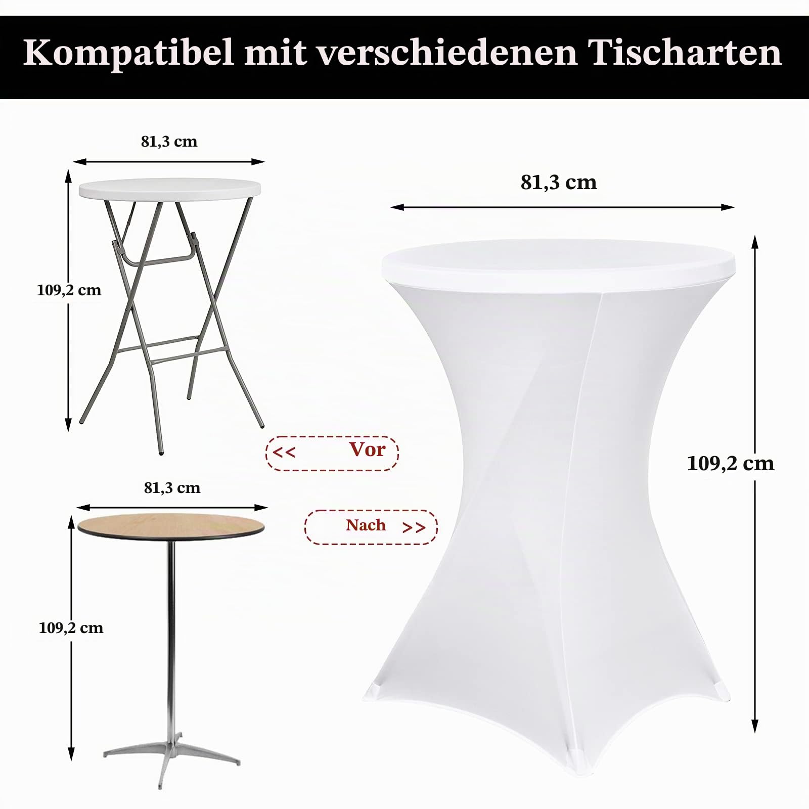 Pesonlook 3er-Set Stretch Stehtisch Husse für Bistrotisch Ø 80-85 cm Elegante,Verstärkung im Fußbereich,40°C Maschinenwäsche ，Stretch-Husse Weiß Hussen für Stehtische und Bistrotische（80×110cm,Weiß）