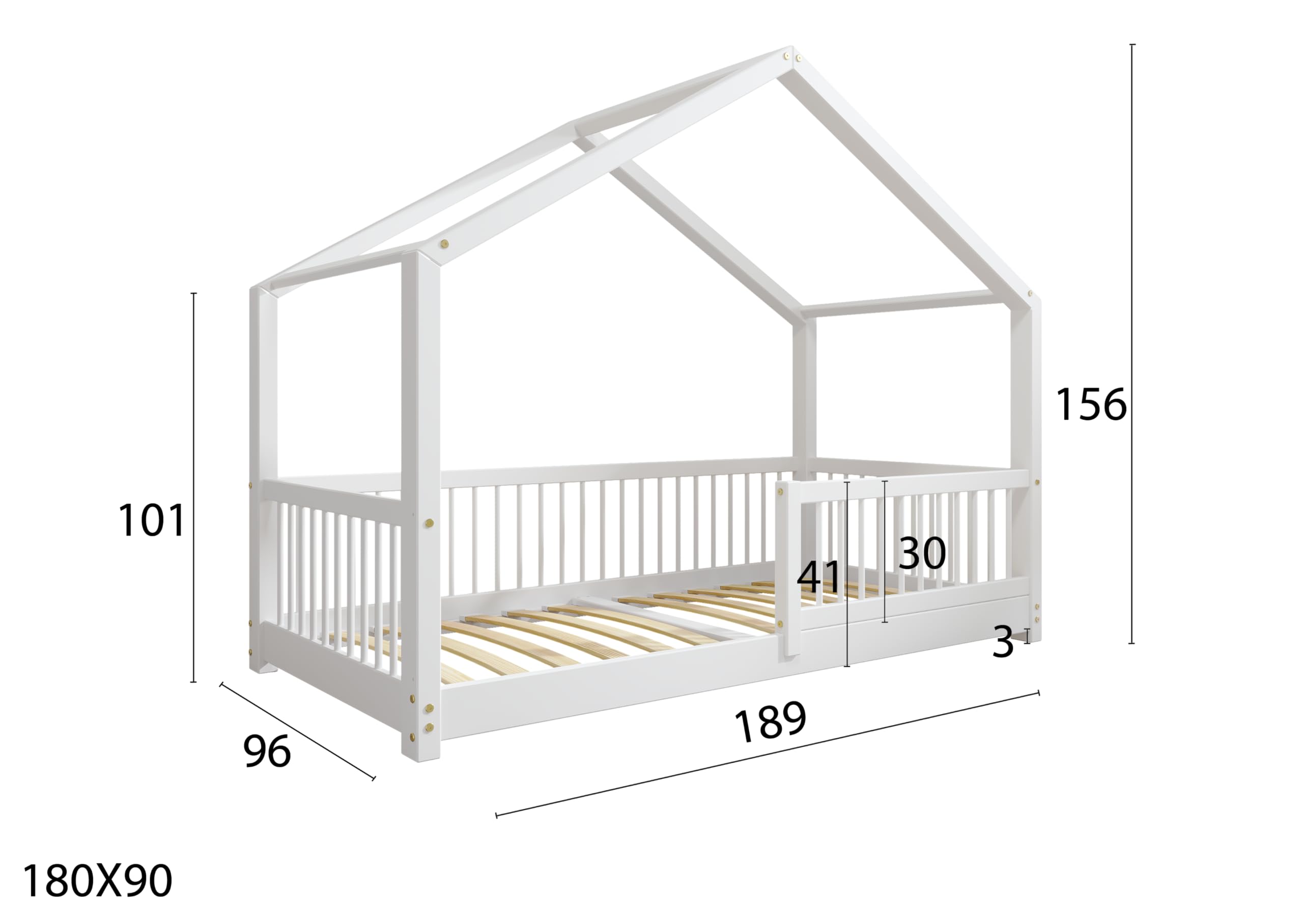 TIMBEE MURLO - Kinderbett Holz - Hausförmig mit Sprossen - Solide Konstruktion aus Naturholz - Langlebig und elegant - Weiß - 90x180cm - 3cm Lange Beine