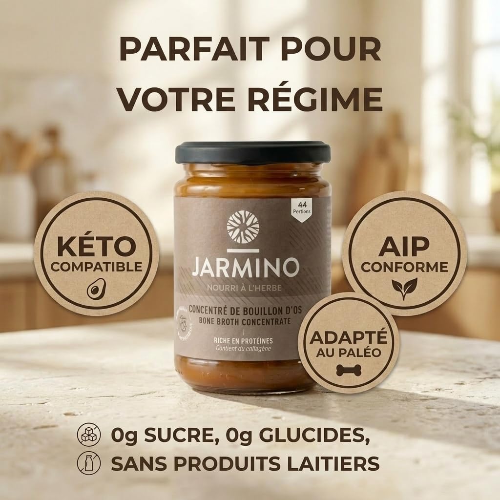 JARMINO Bouillon d’Os Bio Concentré, Bone Broth de Bœuf Élevé en Pâturage et Nourri à l’Herbe, Bouillon Liquide avec Collagène Types 1 2 3, Keto Paleo AIP, 220 g, 22 Portions