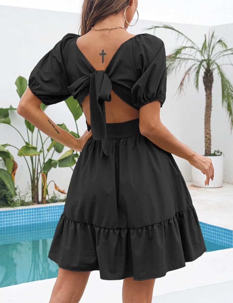 BZSFW Womens Square Neck Summer Mini Dress Tie Back Lantern
