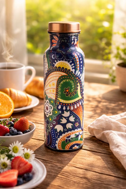 Image of PURE Copper Water Bottle Green Blue Dual Tone Leakproof Ayurvedic Drinking Bottle for Home Office Gym Travel Pure Copper Bottle for Health Benefits Durable Design