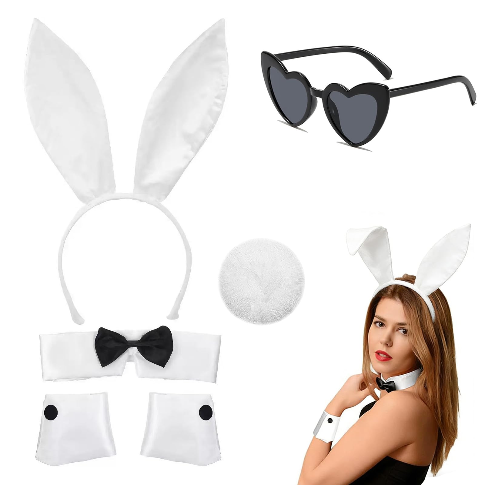 6 Piezas Conjunto de Disfraz de Conejo para Mujer, Disfraz Conejita Adulto Lindo Orejas Conejo Corbata Moño Anteojos Mangas Cola, para Pascua Halloween Navidad Fiesta
